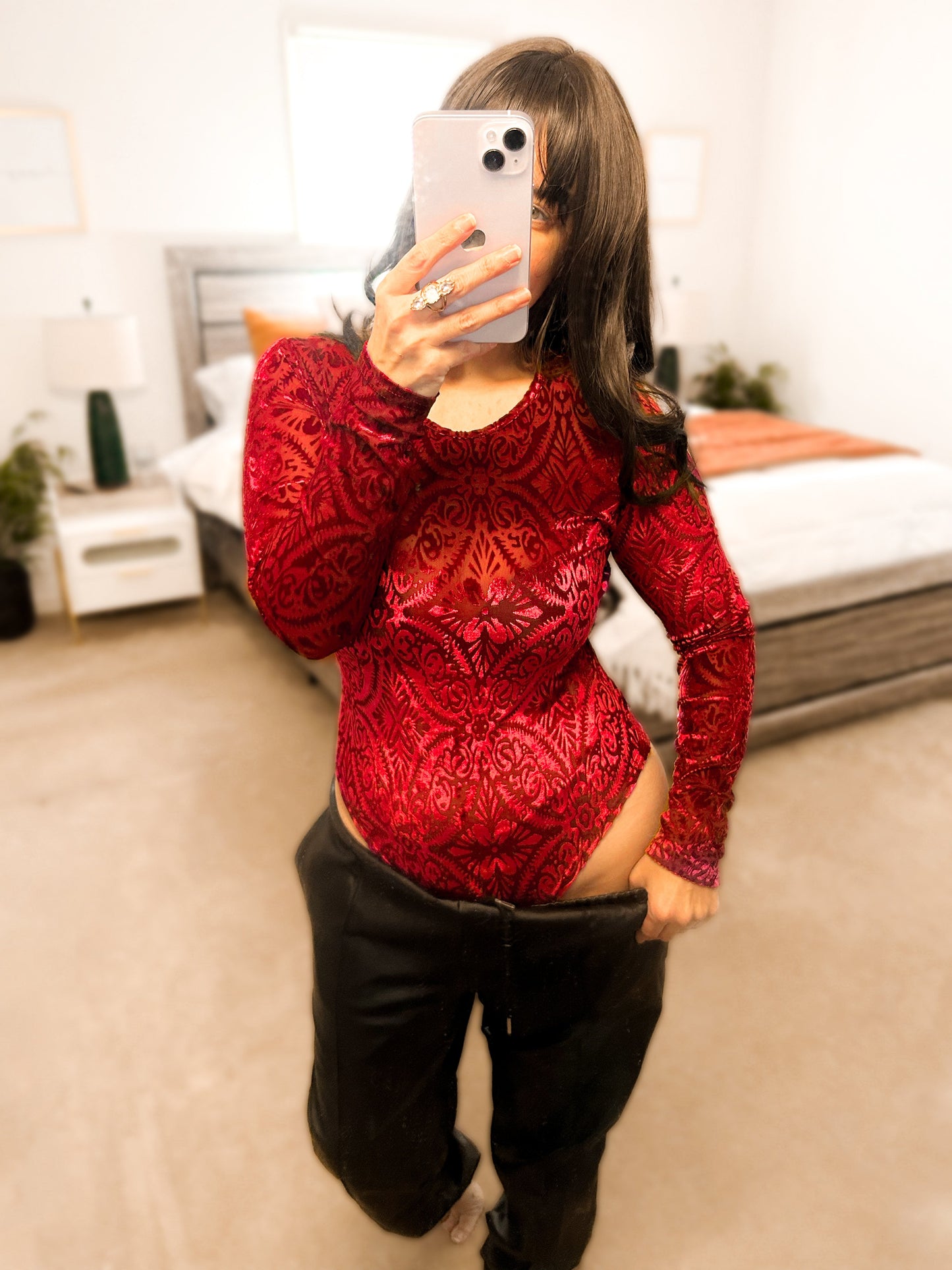 Micha Mesh & Velvet Crewneck Bodysuit