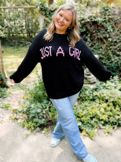 Josie “Just a Girl” Oversized Knit Graphic Sweater