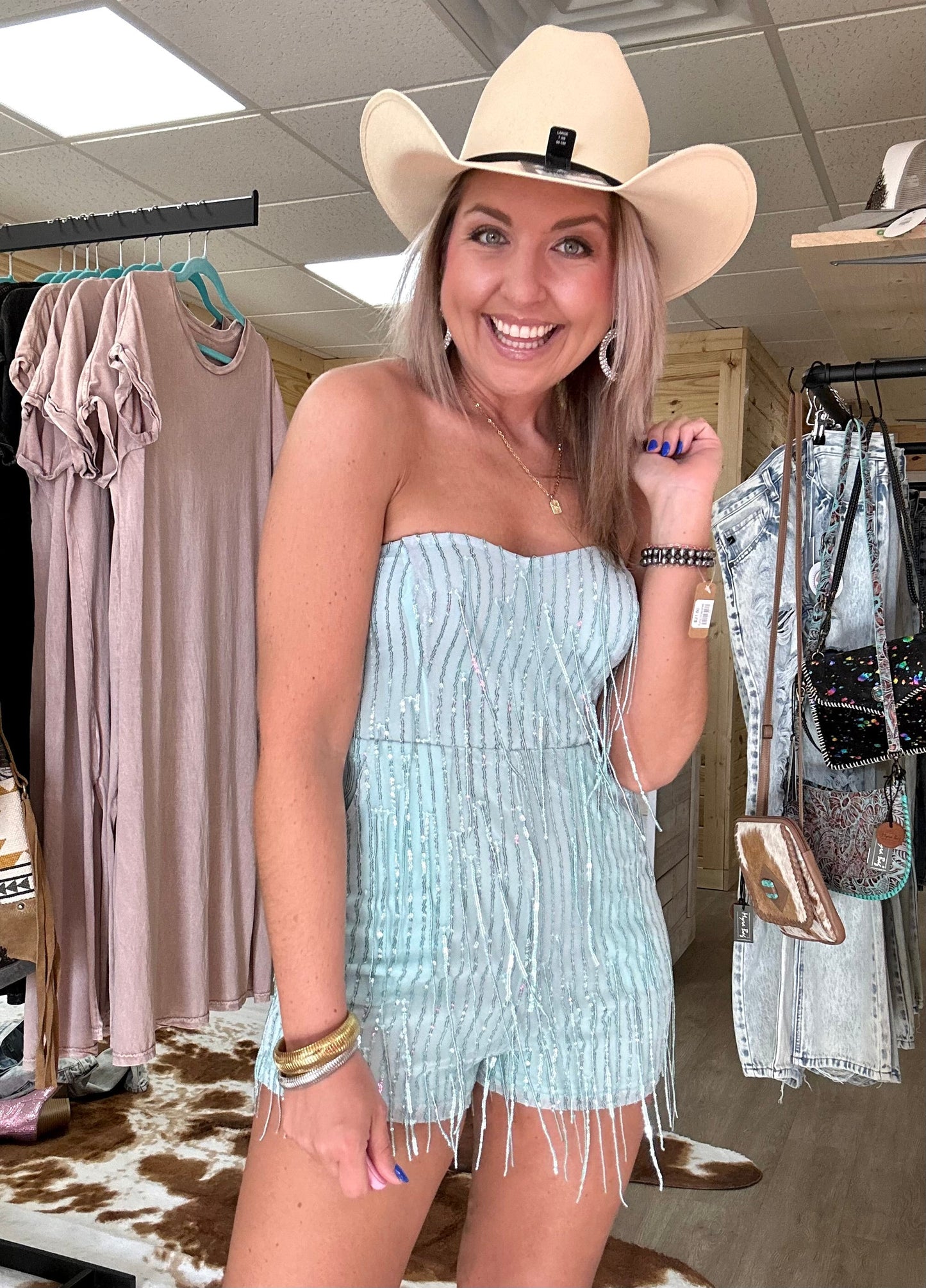 blue sequin tube romper